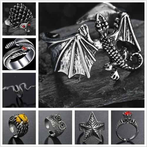Hot Punk Gothic Snake Star Owl Male Ring Hip Hop Vintage Metal Animals Feather Dragon Free Open Ring Women Men Jewelry Bijoux