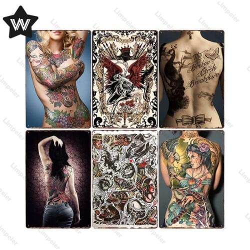 Tattoo Metal Tin Sign Cool Girl Tin Plaque Metal Poster Vintage Wall Stickers Retro Style Metal Plaque Tin Plate for Club Decor