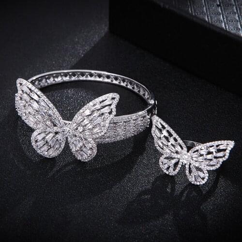 Fashion Korean Butterfly Bangle+Rings For Women Wedding Cubic Zirconia Bohemian Dubai Bridal Jewelry set S0727