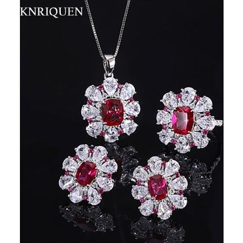 100% Real Silver 925 Jewelry Sets for Women Ruby Gemstone Flower Earrings Ring Pendant Necklace Wedding Party Accessories Gift