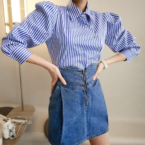 New arrival fashion sets for women elegant fresh striped shirt and mini denim skirt temperament office lady fresh two piece sets