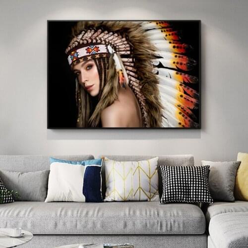 Native Feathered Women Canvas Posters and Prints India Girl Art Canvas Painting on The Wall Art Picture for Living Room Decor