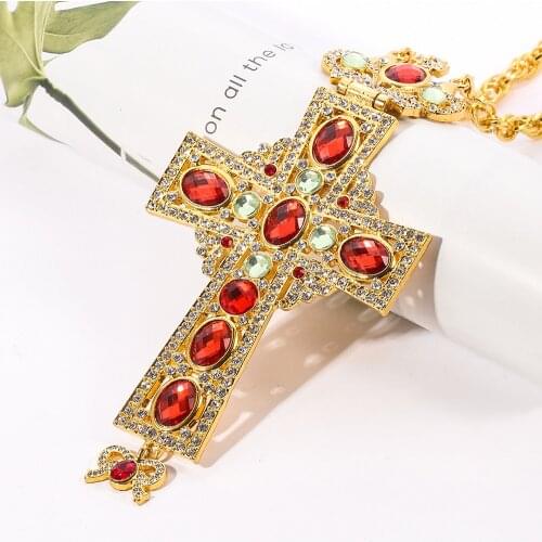 Red crystal religious necklace Jesus Cross Orthodox Church Crucifix Pendant women & Mens hip-hop Exquisite jewelry with box