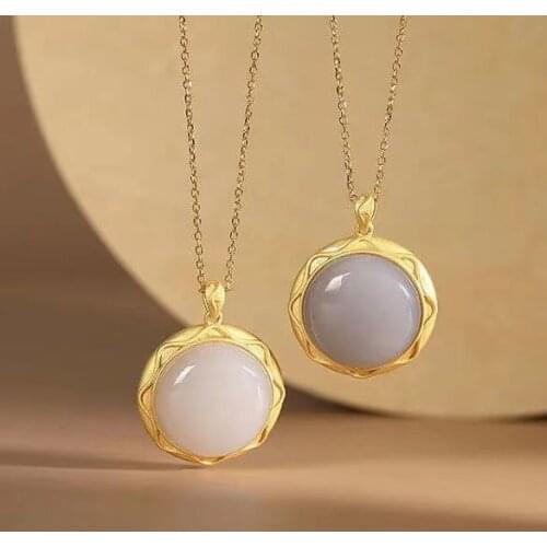S925 Sterling Silver Natural Hotian Jade Pendant Womens Simple Exquisite Refined Grace round Geometric Ornament Female