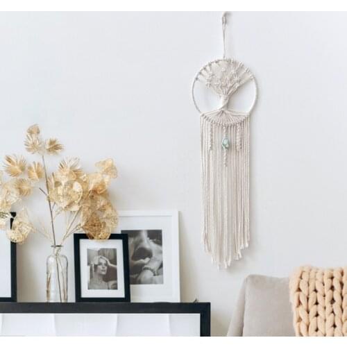 Nordic Handmade Woven Macrame Round Dream Catcher with Green Stone Bohemian Mandala Tassels Wall Hanging Tapestry Home Wedding