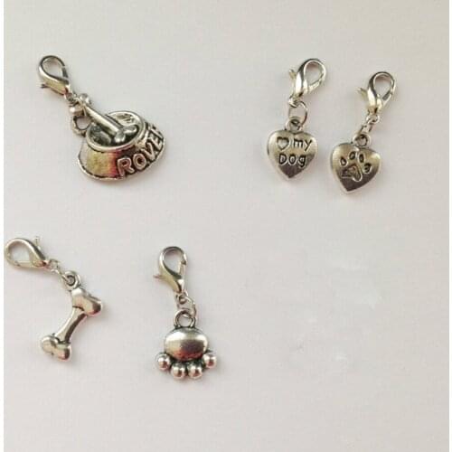 Tibetan Lobster Clasp DOG PAW BONE ROVER BOWL&LOVE MY DOG Keychain&Necklace Five kinds pendant DIY Accessories 50pcs q17