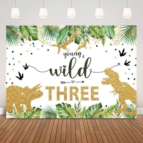 Three Wild Safari Birthday Party Backdrop Woodland Jungle Forest Dinosaur Background Photography Gold Glitter Custom Birthday