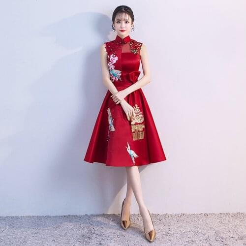 Vintage Burgundy Bride Wedding Chinese Style Lady Lace Floral Appliques Embroidery Cheongsam вечернее платье