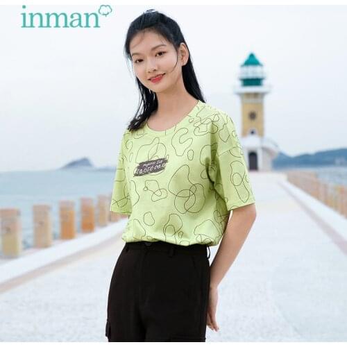 INMAN Womens T-Shirt Young Cute Casual Style Plant Floral Print Classic Round Collar Cotton Short Sleeve Girl Female Top