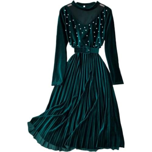 New arrival spring autumn perspective V-neck velvet dress women beaded retro pleated dress