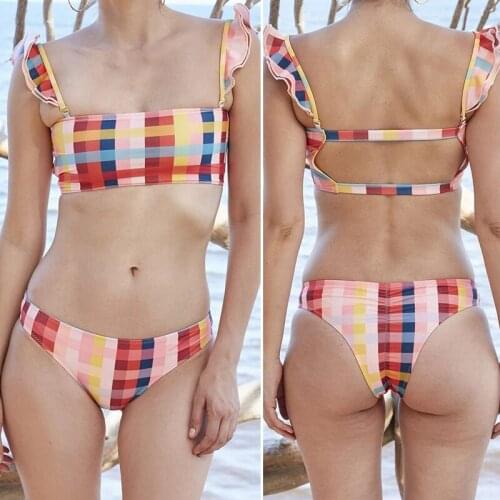 Womens Plaid Printed Bikini High Waist Triple-Cornered Split Swimsuit Set Photo Color