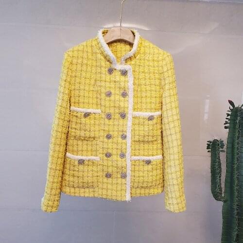 JSXDHK 2020 New Luxury Autumn Winter Tweed Yellow Jacket Coat Runway Women Double-Breasted Diamonds Plaid Thick Woolen Outerwear