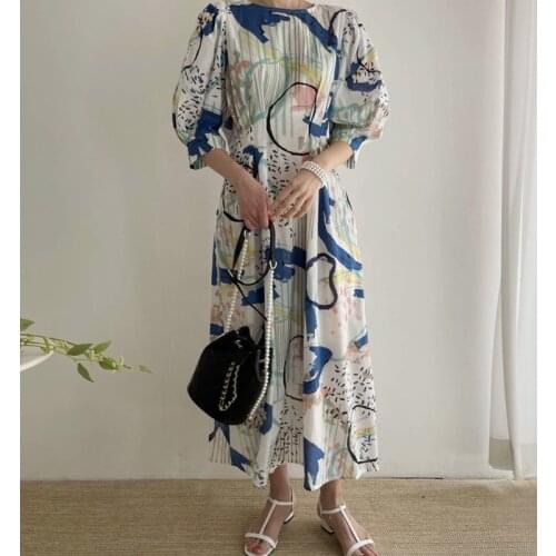 New Summer Women Dress Vintage Fashion Puff Sleeve Loose One-Piece Ladies Floral Print Robe Femme Dresess Bohemia Vestidos Mujer