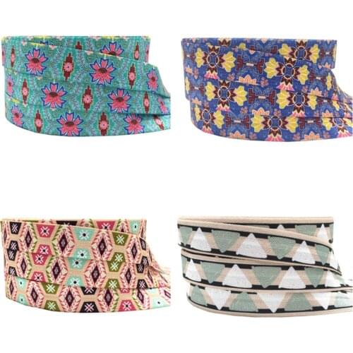 10yards Geometric Aztec Flower Fold Over Elastic Ribbon FOE Diamond for DIY Headbands Hair Ties Hairbow, gift wrap, 15mm