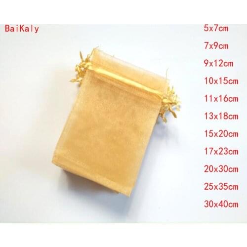 Household 100pcs Drawable Gold Small / Big Organza Bags Favor Wedding Party Christmas Gift Bag Jewelry Packaging Bags Pouches