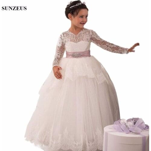 Ball Gown Lace Long Sleeve Flower Girl Dress Floor Length Long Iovry Tulle Kids Party Gowns For Weddings FLG085