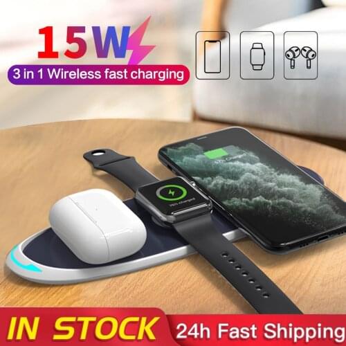 3 In 1 Qi 15W Wireless Charger Pad Fast Charging Holder for Apple Watch 6 5 4 3 2 1 for Airpods IPhone 12 11 Pro XR XS 8 Samsung