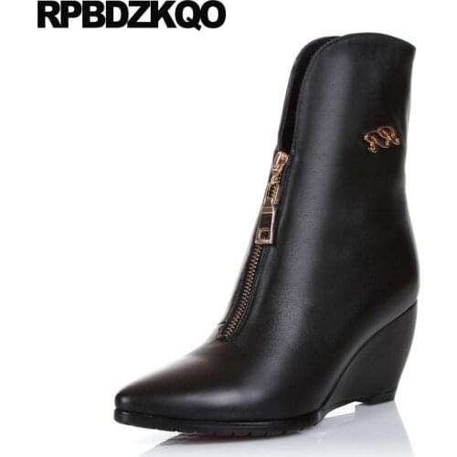 Boots black fur 10 metal luxury brand shoes women wedge genuine leather big size high heel ankle pointed toe front zipper 2021