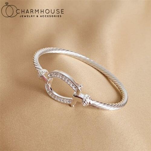Pure Silver 925 Bracelets & Bangles For Women U Clasp Zirconia Cuff Bangle Wristband Pulseira Femme Trendy Jewelry Accesories