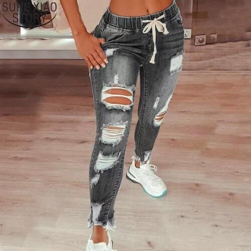 5XL Full Length Pencil Pants Drawstring Denim Jeans for Women Skinny Jeans Ripped Jeans Ladies Plus Size Hole Stretch Jean 16213