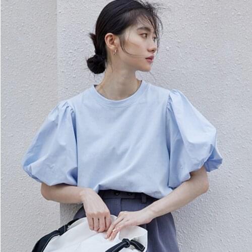 Korean Chic Design O-neck Lantern Sleeve White Blue Women T-shirts Summer Loose White Female Tops Cotton Tee Ladies Tops