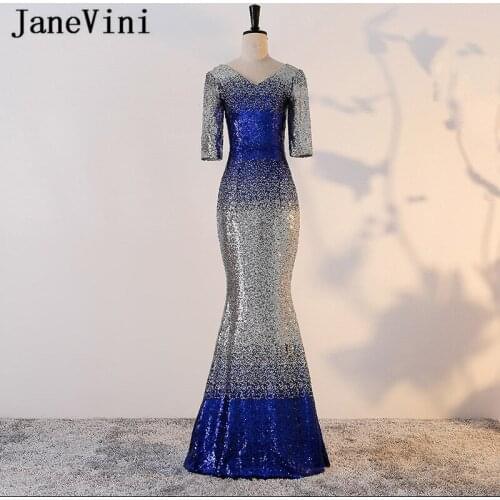 JaneVini Gradient Sequined Long Mother of the Bride Dresses V Neck Half Sleeves Sexy Mermaid Evening Party Gowns Floor Length