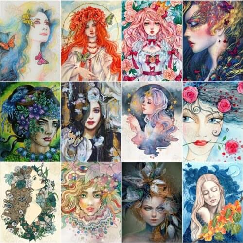 Diy Diamond Painting Beautiful Girl with Orange Red Hair Wearing a Wreath of Flowers, Girl with a Rose In Her Mouth Poster