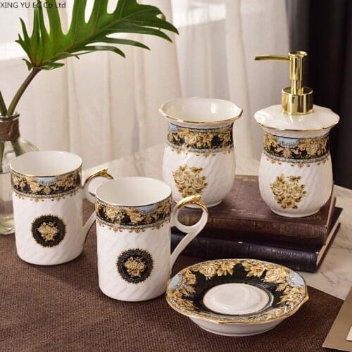 High Quality Ceramic Bathroom Supplies Five-piece Toothbrush Holder Lotion Bottle Soap Box Bathroom Decoration Accessories