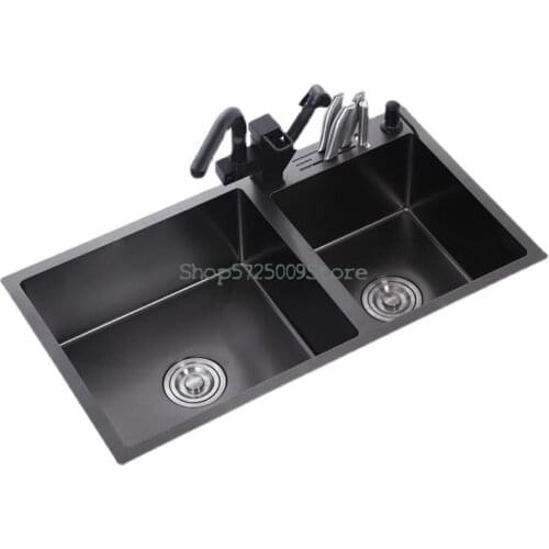 Nano Black Sink Kitchen Household Vegetable Sink Double Basin 304 Stainless Steel Thickened Double Groove Drawing Package