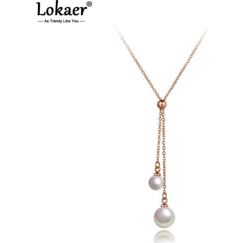 Lokaer Fashion Titanium Stainless Steel White Pearl Charm Pendant Necklaces Jewelry Rose Gold Wedding Necklace For Women N20183