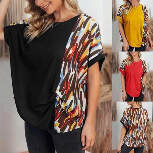 Fashion Crew Neck Printed Womens T-shirt Summer Casual Loose Pullover Shirt Vintage Short Sleeve Plus Size Tops