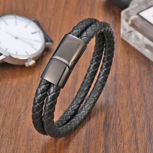 Fashion Mens Leather Bracelet Simple Retro Red Double Leather Rope Bracelet 316l Stainless Steel Magnet Buckle Mens Jewelry
