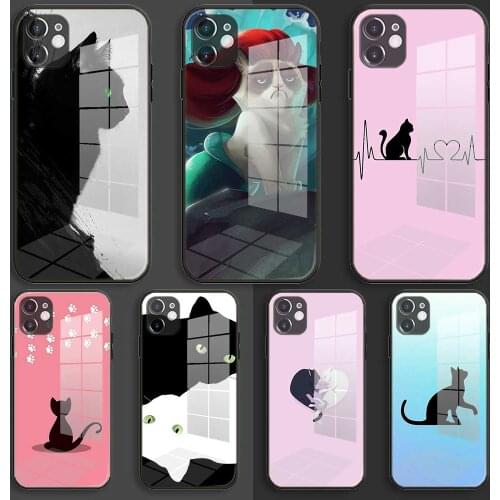 Glass Soft Silicone Balck Case Shell for iPhone 12 11 Pro X XS Max XR 8 7 6 Plus SE 2020 S Cover Cartoon cat