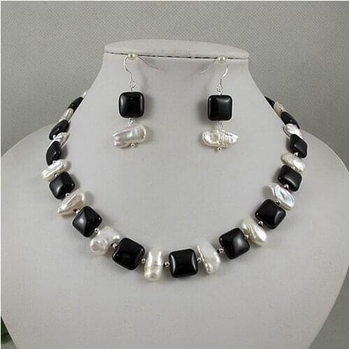 Unique Pearls jewellery Store,White Color Real Freshwater Pearl Squartz Black Agate Necklace 925 Silver Earrings Jewellery Set