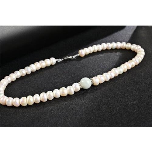 Koraba Natural White Freshwater Pearl Necklace with Burmese Jade Emerald Choker Jewelry