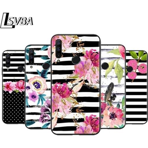 Anti-Fall Soft Black Cover Stripes With Flowers Art For Huawei Honor 10i 10 8S 8C 8X 8A 8 7S 7A 7C Pro Phone Case