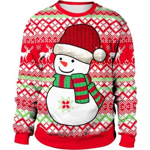 Christmas Sweatshirt Snowman Pattern Red Mens /Women Long Sleeve Pullovers Deer Tops Hoodies