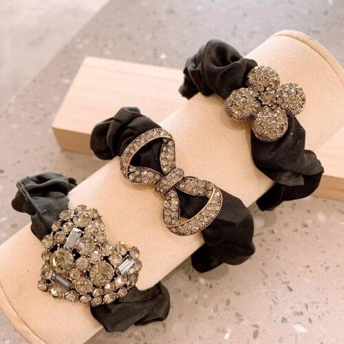 Silver Rhinestone Elastic Hair Bands Hair Accessories New Pure Color Crystal Bow Flower Silk Satin Hair Tie Scrunchies Wholesale