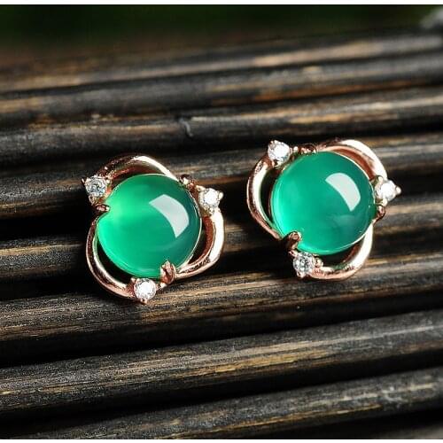 Natural Green Chalcedony Hand Carved Water Drop Earrings Fashion Jewelry 925 Silver Inlaid Agate Earrings Gift Accessories