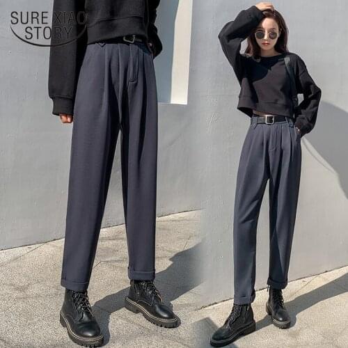 Wide Leg Thin Straight OL Pocket Solid Trouser 2020 Autumn and Winter New Suit Pants Womens High Waist Drape Loose Pant 11388