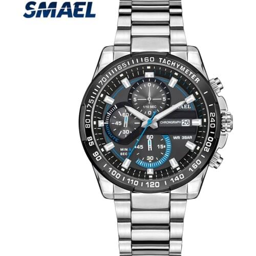 SMAEL Mens Watches Top Brand Luxury Quartz Watches Men Stainless Steel Belt Blue Sport Wrist Watch Male Clock 9089