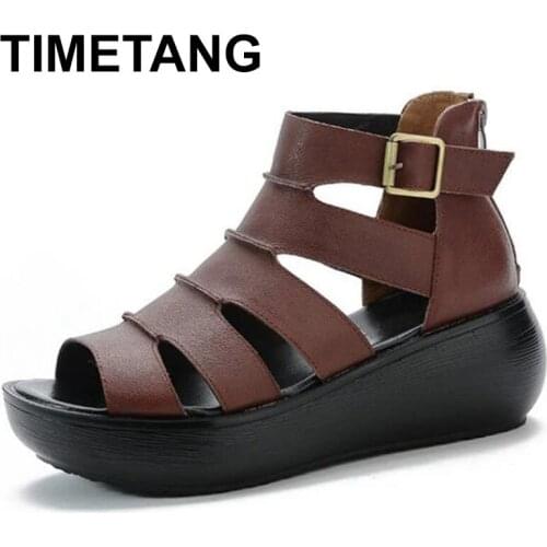 TIMETANG Promotional 2021 New Fish Mouth Summer Shoes Roman Sandals Genuine Leather Thick-soled Heighten Sandals Women Sandal