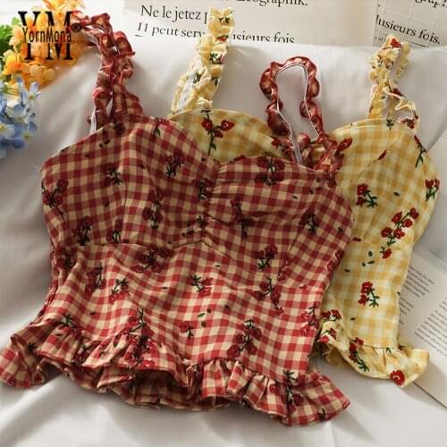 YornMona Chic Floral Print Plaid Tank Tops Women Streetwear Short Spaghetti Strap Summer Camisole Shirts Korean Girl Crop Tops
