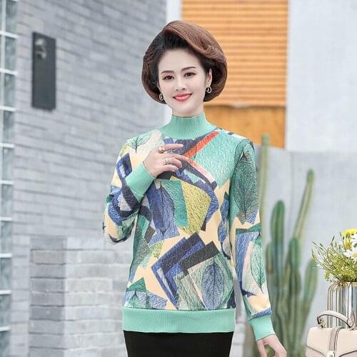 Printed Long Sleeve Women Turtleneck T-Shirts Tops Warm Thick Pullover Middle Age Mother Clothes Winter Velvet Bottom Shirt