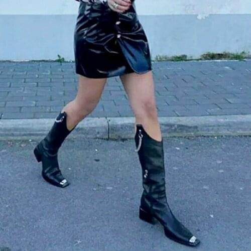 Punk buckle knee high boots women 2021 new fashion chain motorcycle boots women microfiber leather autumn winter high boots