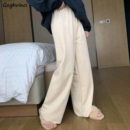 Women Casual Pants Corduroy Autumn Winter Plus Velvet Thicken Loose High Waist Wide Leg Elastic Trousers Leisure Simple Chic Ins