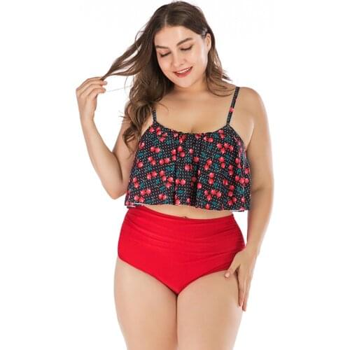 Women Plus Size Swimwear Print Padded Bikini Set Brazilian Two-piece Bra Halter Ruffle High Waist Tankini Beachwear Swimsuit