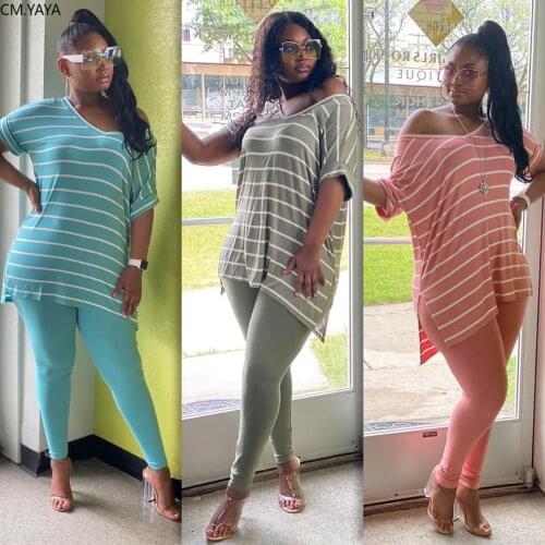 CM.YAYA Women Sport Striped Print V-neck Tee Top Jogger Pants Suit Two Piece Set Fashion Tracksuit Matching Set Outfits