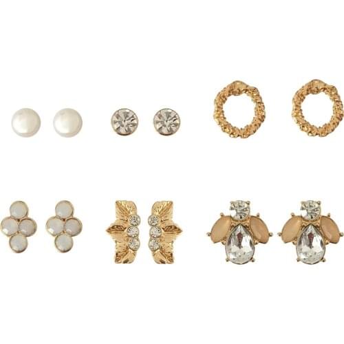 Bohemia Gold Color Plating Clear Stone Leaf Flower 6 Pair Stud Earrings Pack For Women Girl Elegant Casual Jewelry Accessory