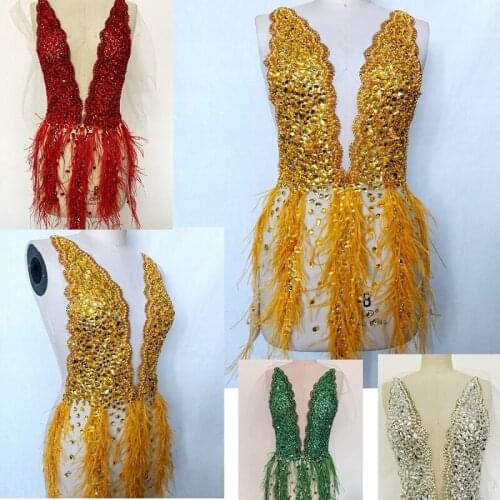 1Piece Popular Feather Red Yellow Pearls Beads Rhinestone Bodice Applique for Wedding Dress